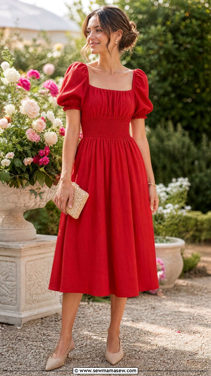 Red Puff Sleeve Midi Dress With Slingback Flats - 30 summer red outfit ideas