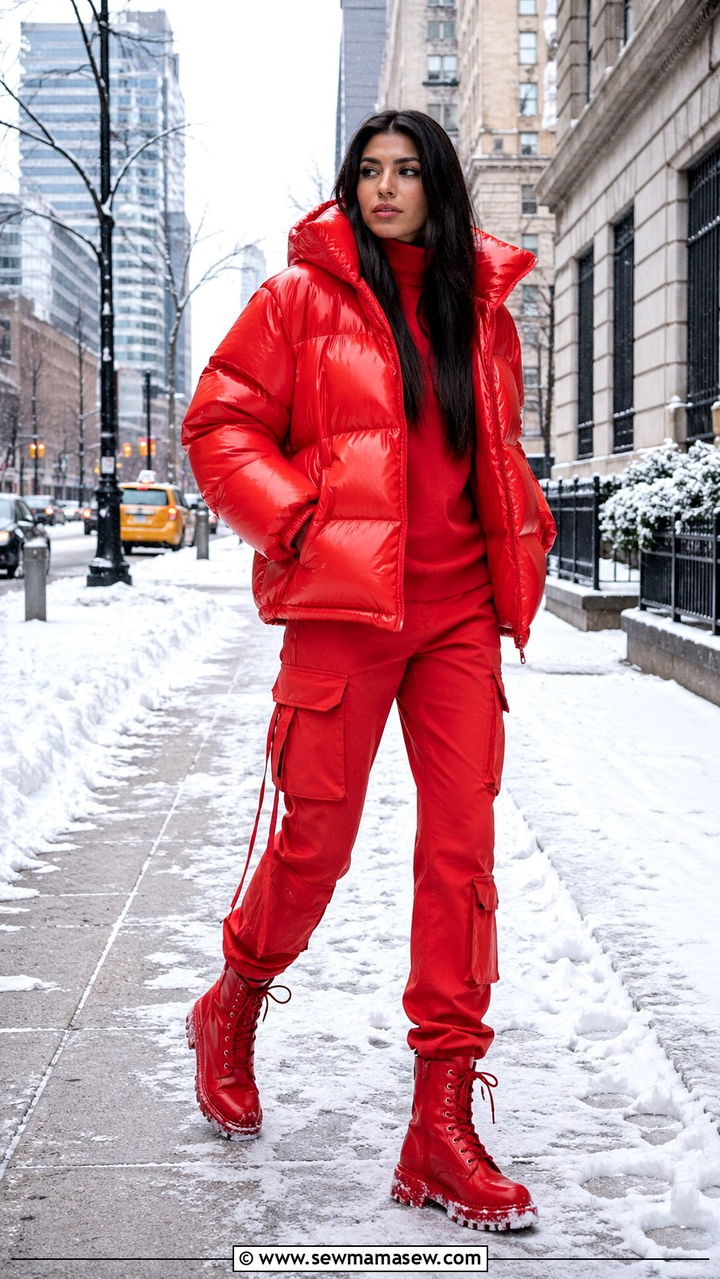 Red Puffer Jacket And Cargo Pants - 40 All red outfit ideas