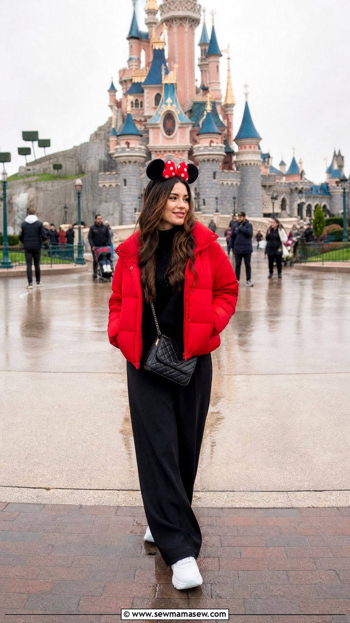 Red Puffer Jacket and Black Wide Leg Trousers Bold Winter Outfit - 30 Disneyland Paris outfit ideas