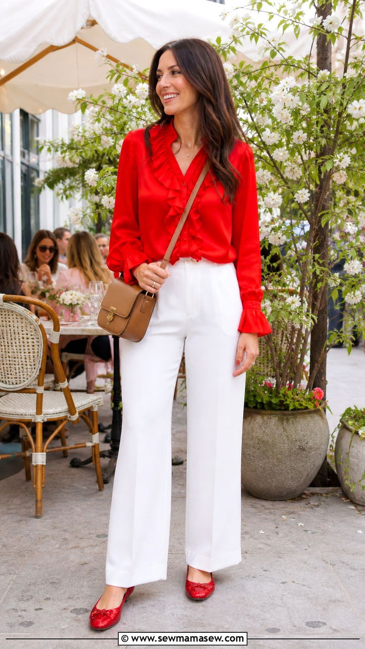 Red Ruffled Blouse And White Wide Leg Pants With Glitter Flats - 40 spring outfits for moms