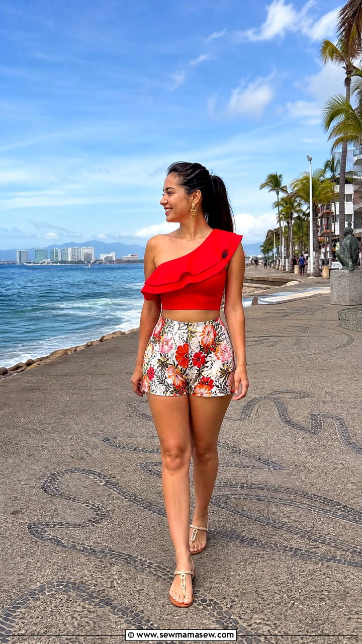 Red Ruffled Crop Top With Floral Shorts - 35 Mexico spring outfit ideas
