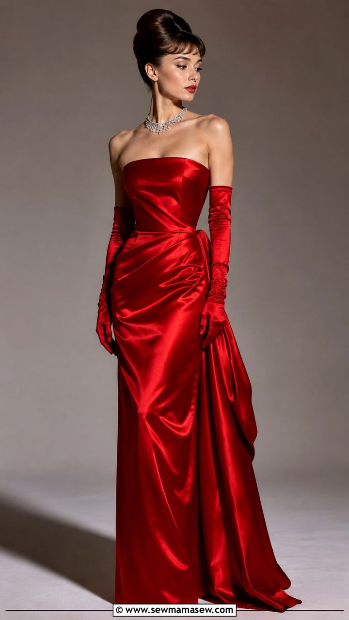 Red Satin Gown With White Opera Gloves - 25 Audrey Hepburn outfit ideas