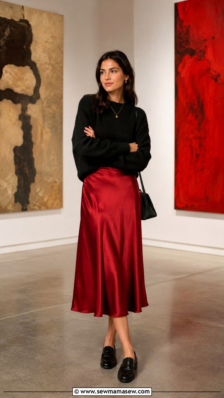 Red Satin Skirt With Black Sweater and Loafers - 30 casual satin skirt outfits