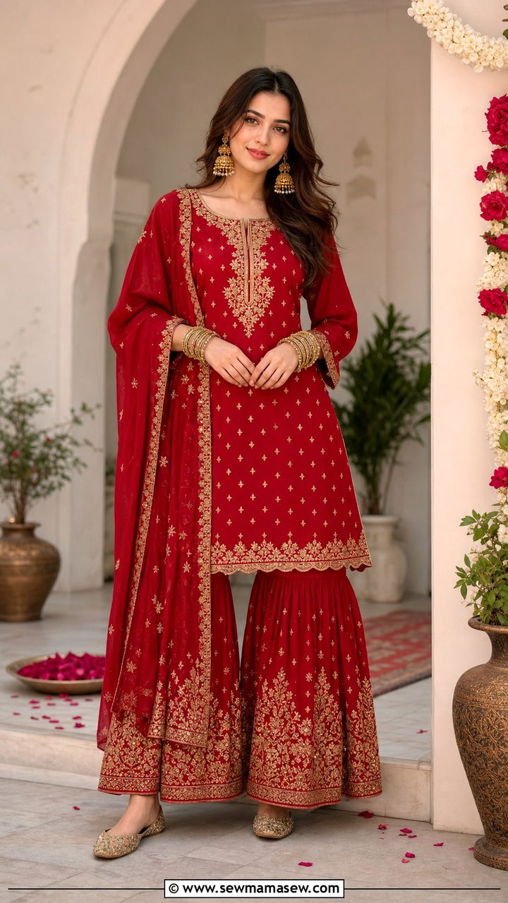 Red Sharara Set With Gold Embroidery - 25 Eid outfit ideas for women 2026
