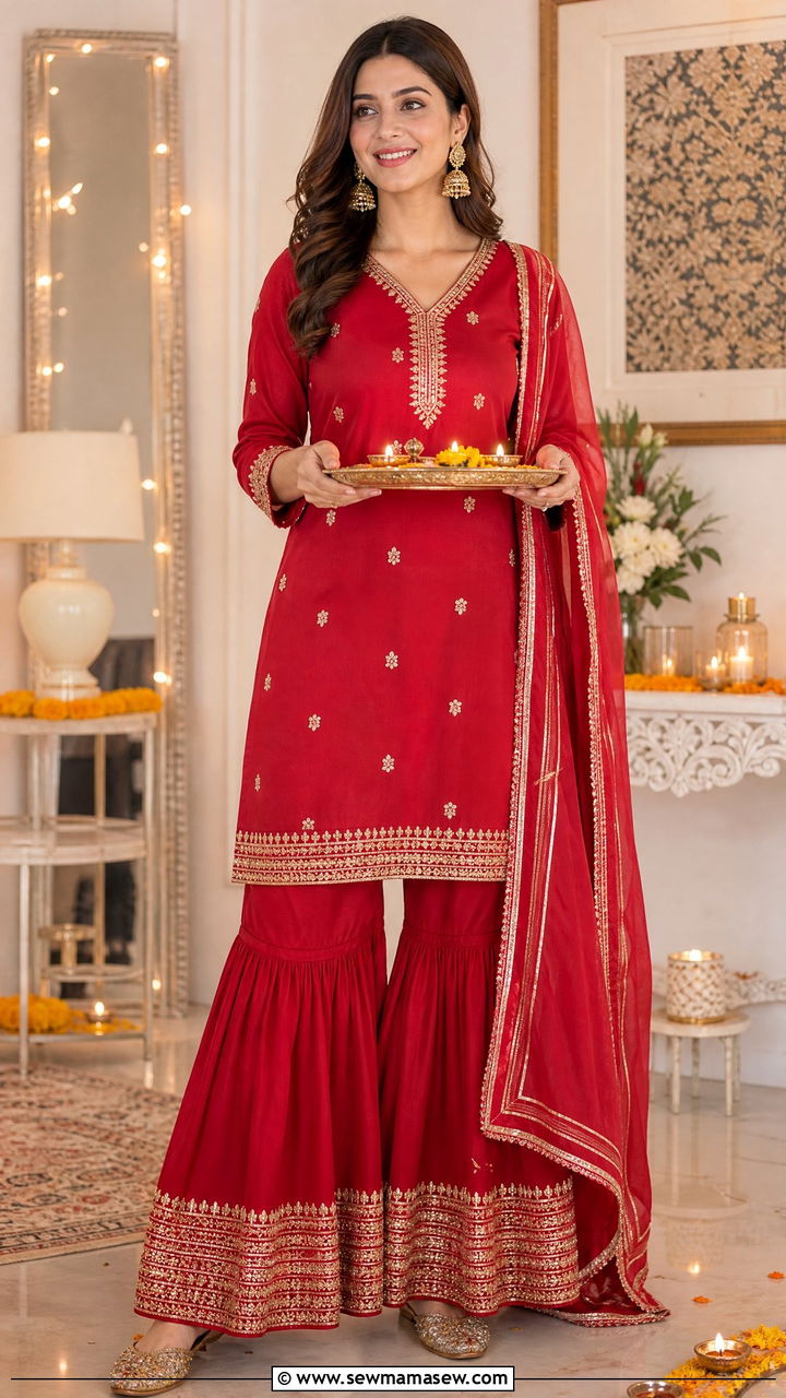 Red Sharara Set for Karwa Chauth - 25 Karwa Chauth outfit ideas