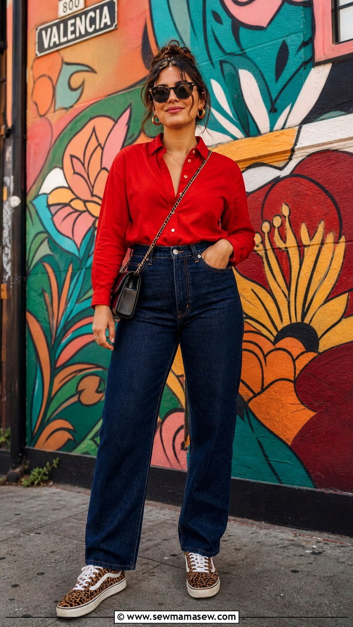 Red Shirt with Dark Denim and Leopard Sneakers - 40 What to wear in San Francisco