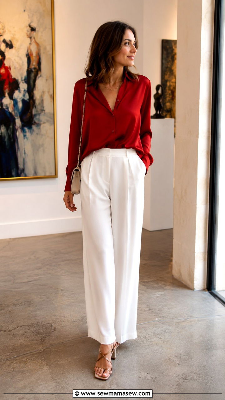 Red Silk Blouse and White Wide Leg Pants - 30 Parisian summer outfits