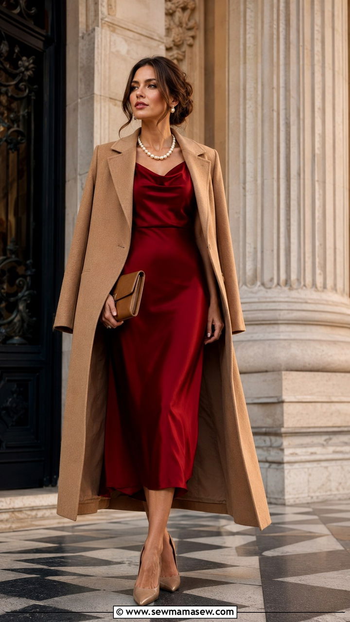 Red Silk Dress and Camel Wool Coat with Nude Pumps - 30 old money capsule wardrobe outfits