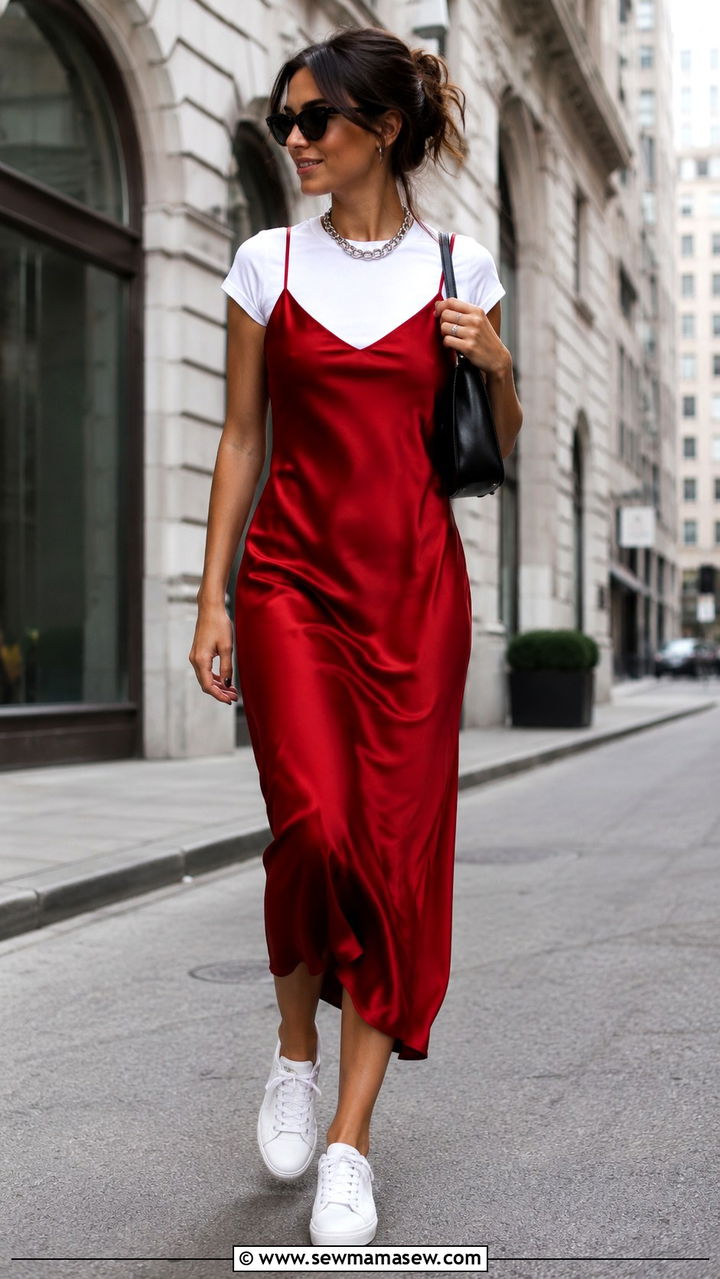 Red Slip Dress With White Tee Underneath - 25 Red dress outfit ideas summer 2026