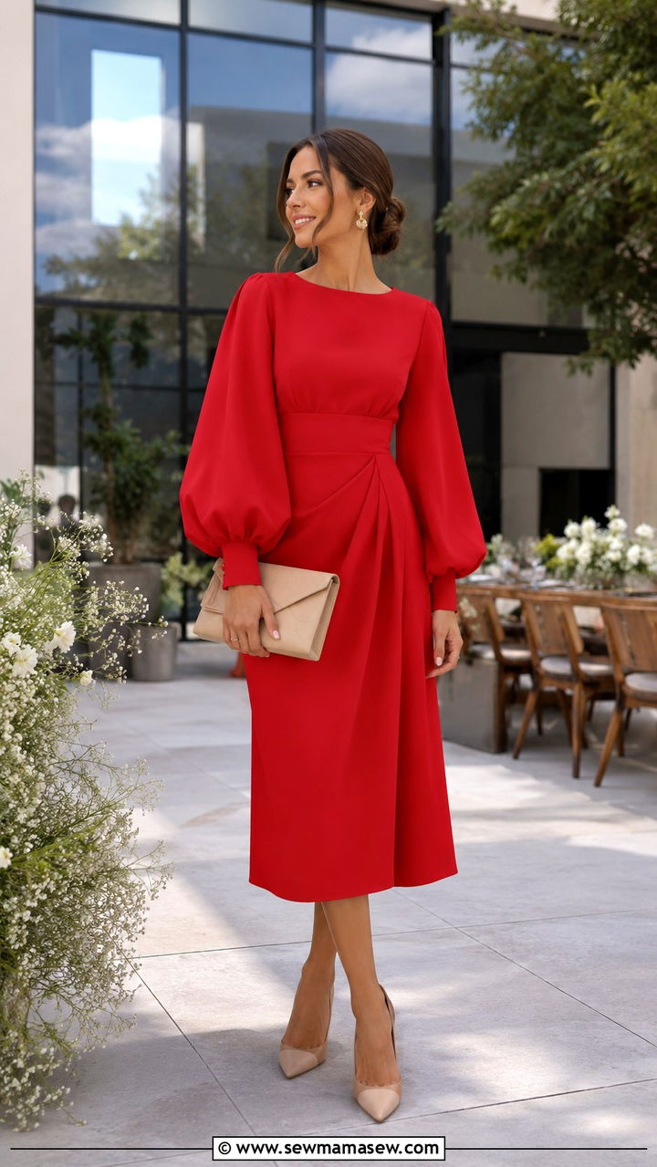 Red Statement Sleeve Dress Wedding Guest - 30 Red dress outfit ideas for wedding guest