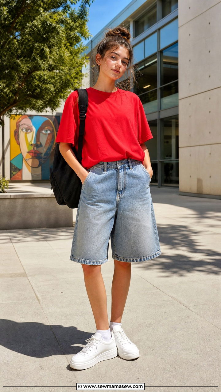 Red Statement Tee With Washed Long Shorts - 30 School outfit ideas for teens hot weather