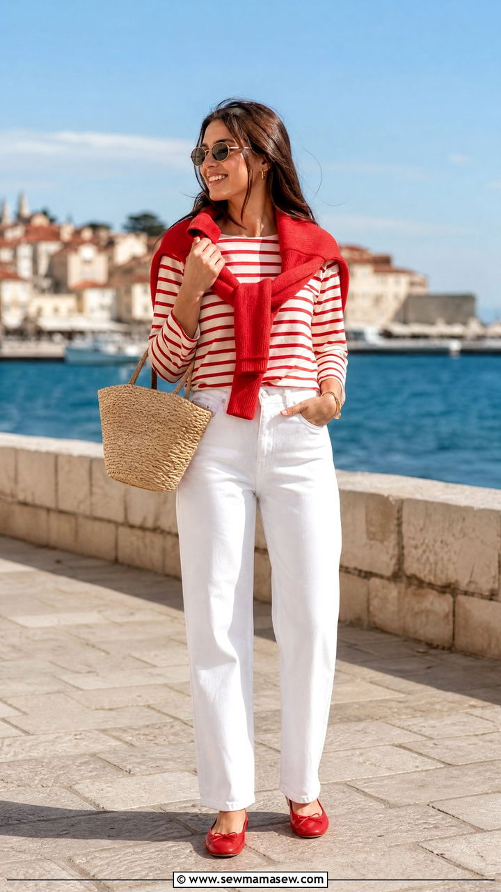 Red Striped Top With White Denim Outfit - 30 casual outfits to copy