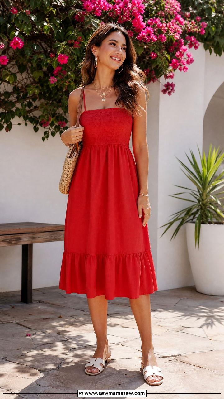 Red Sundress With White Sandals And Gold Accessories - 30 Sunday brunch outfit ideas for women
