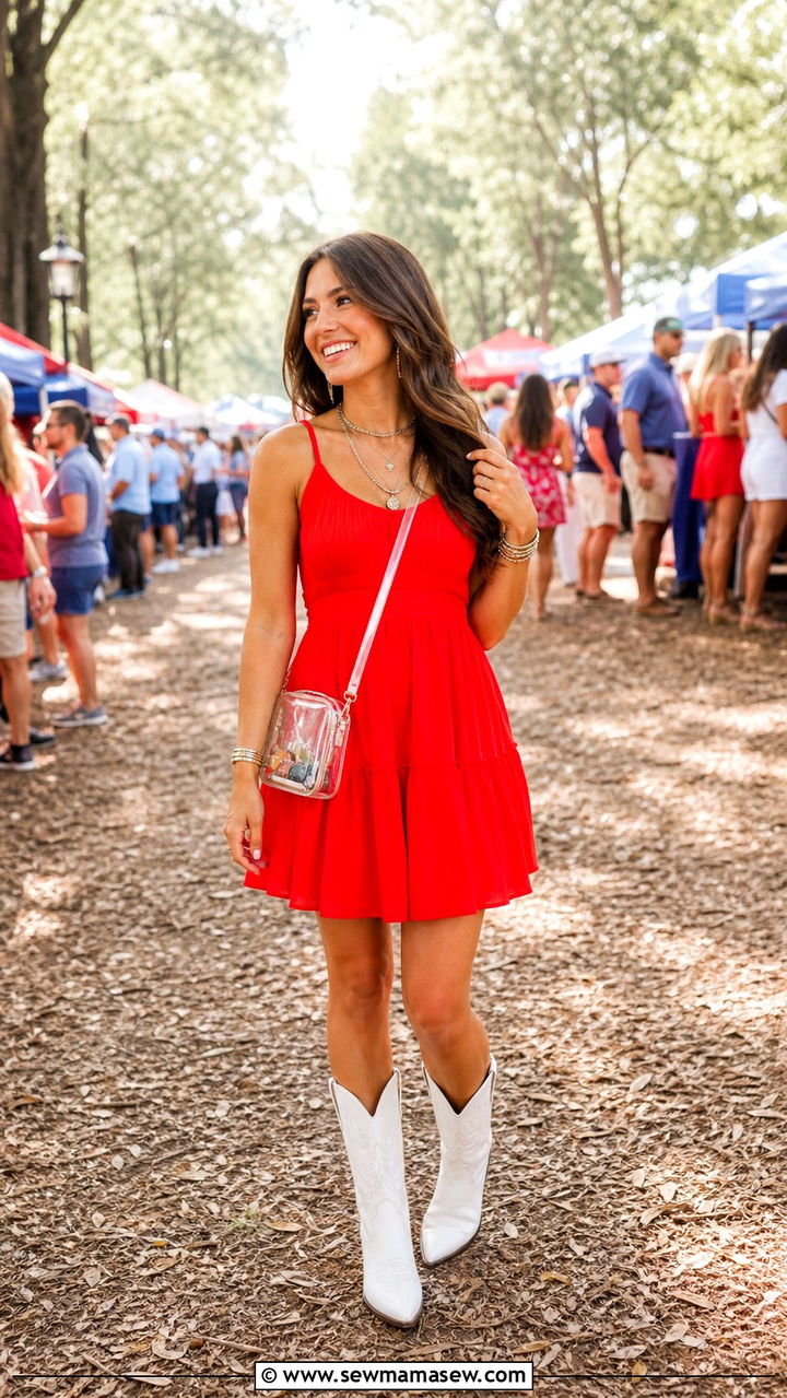 Red Sundress with White Cowboy Boots and Gold Jewelry - 20 Gameday outfit ideas Ole Miss