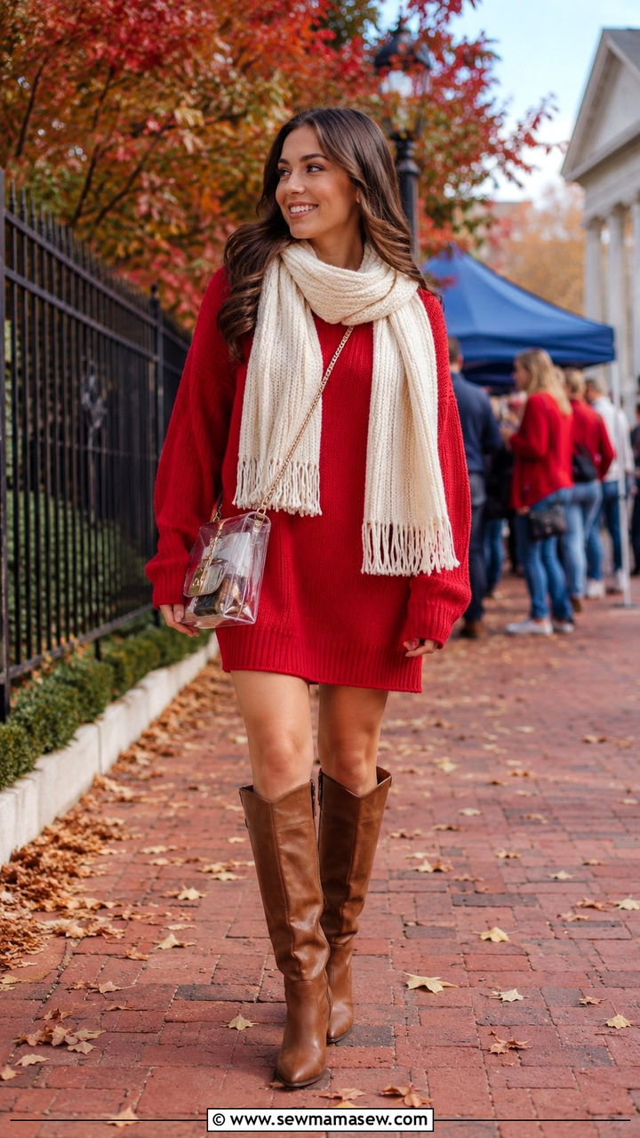 Red Sweater Dress with Knee High Brown Boots - 20 Gameday outfit ideas Ole Miss
