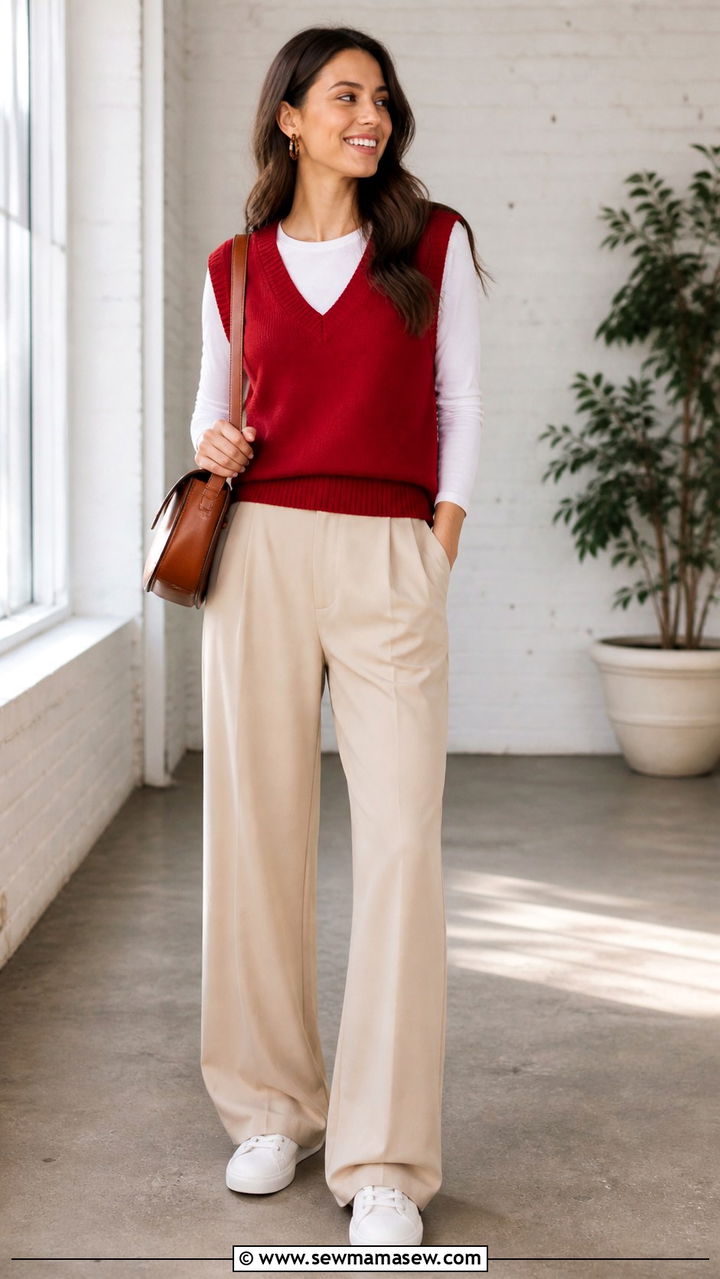 Red Sweater Vest with White Long Sleeve Tee - 40 Red outfit ideas