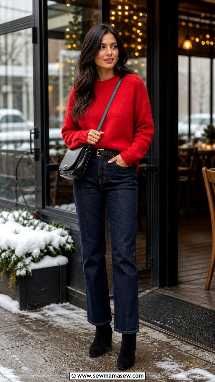 Red Sweater With Dark Wash Jeans and Black Ankle Boots - 40 French girl outfits ideas