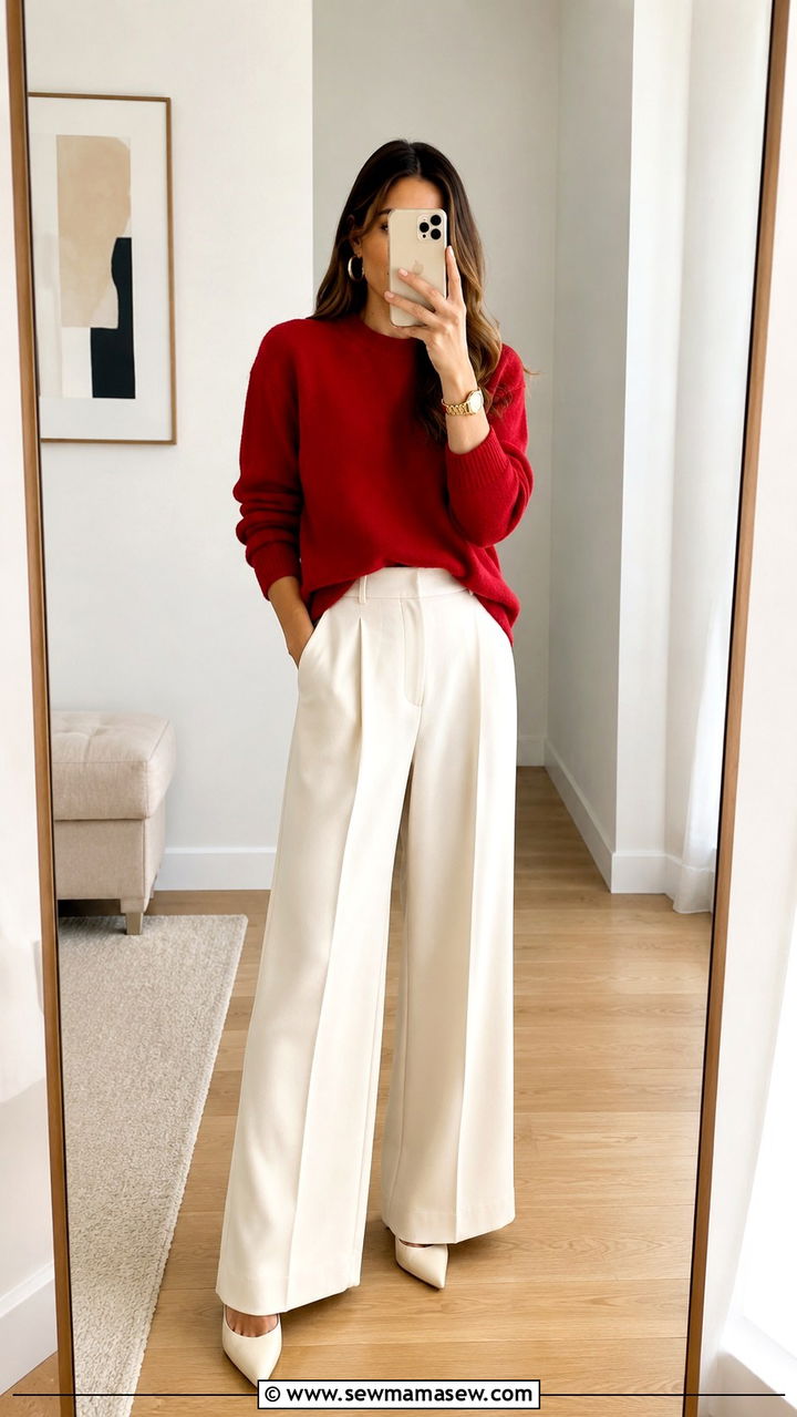 Red Sweater With Wide Leg Neutral Trousers - 30 trendy outfits inspo