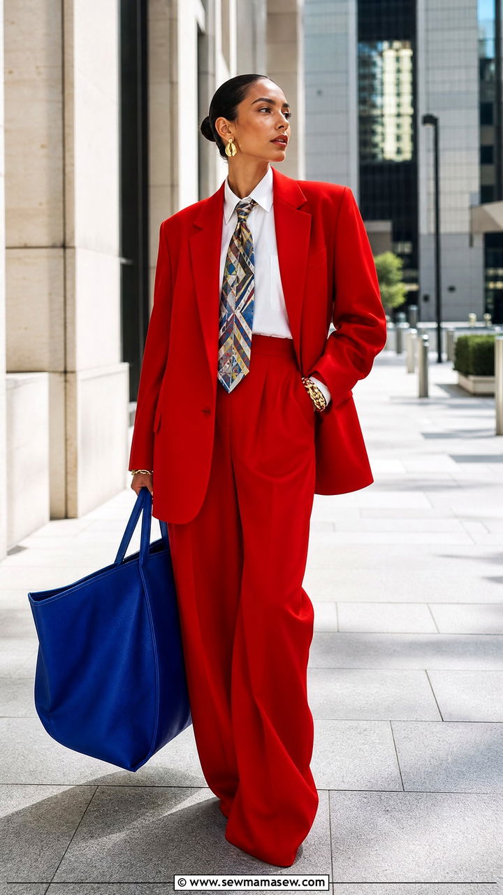 Red Tailored Suit With Bold Accessories Outfit - 25 maximalist outfits to copy