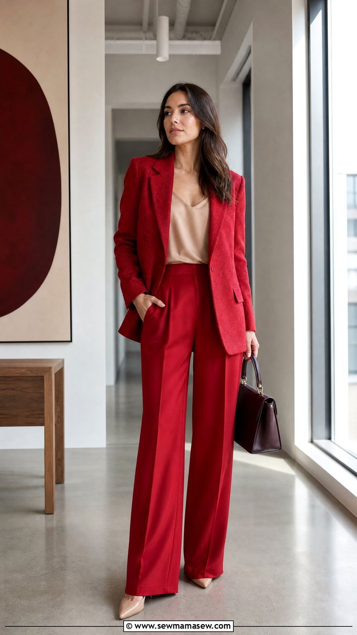 Red Textured Monochrome Suit for Work - 30 Red outfit ideas for work