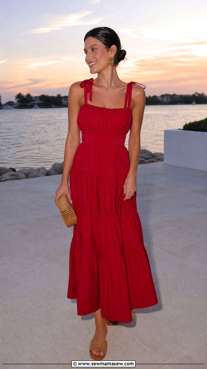 Red Tiered Maxi Dress With Woven Sandals and Gold Hoops - 30 summer fourth of july outfit ideas