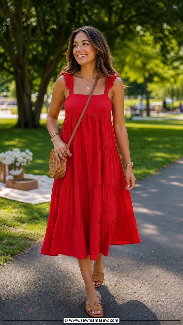 Red Tiered Midi Dress With Woven Sandals - 30 summer red outfit ideas