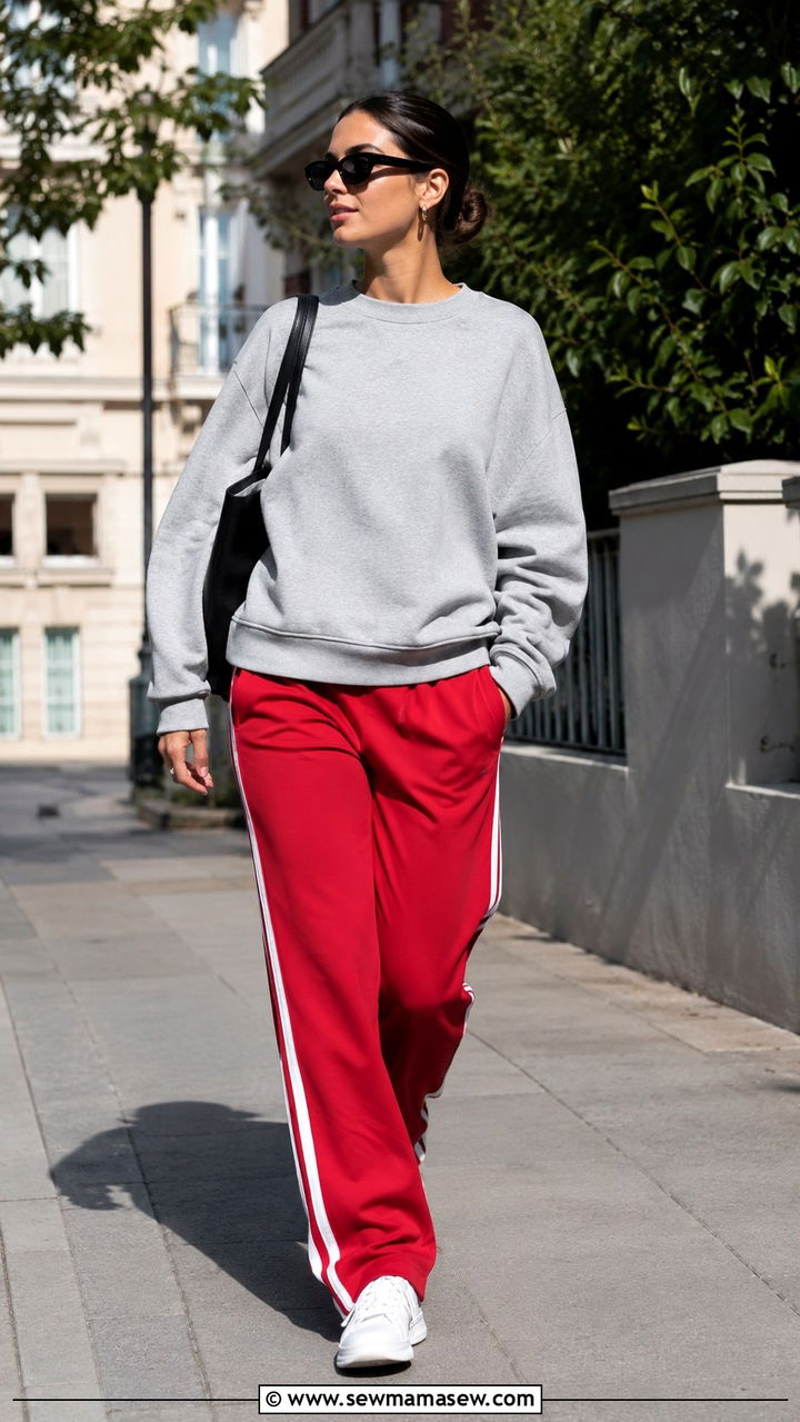 Red Track Pants With Grey Sweatshirt - 30 spring sporty chic outfit ideas
