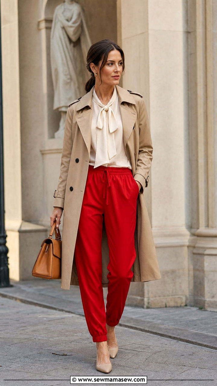Red Track Pants With Trench Coat And Blouse - 25 spring track pants outfit ideas