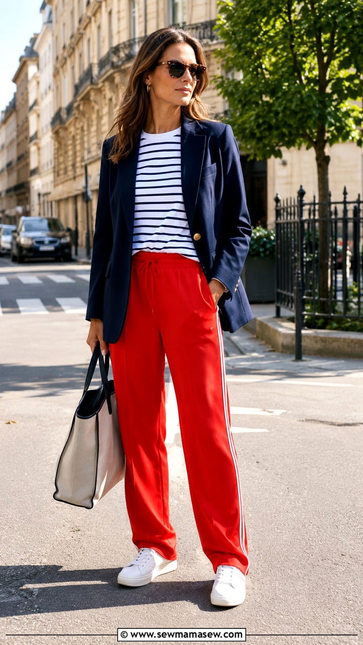 Red Track Pants with a Navy Blazer - 30 how to style track pants