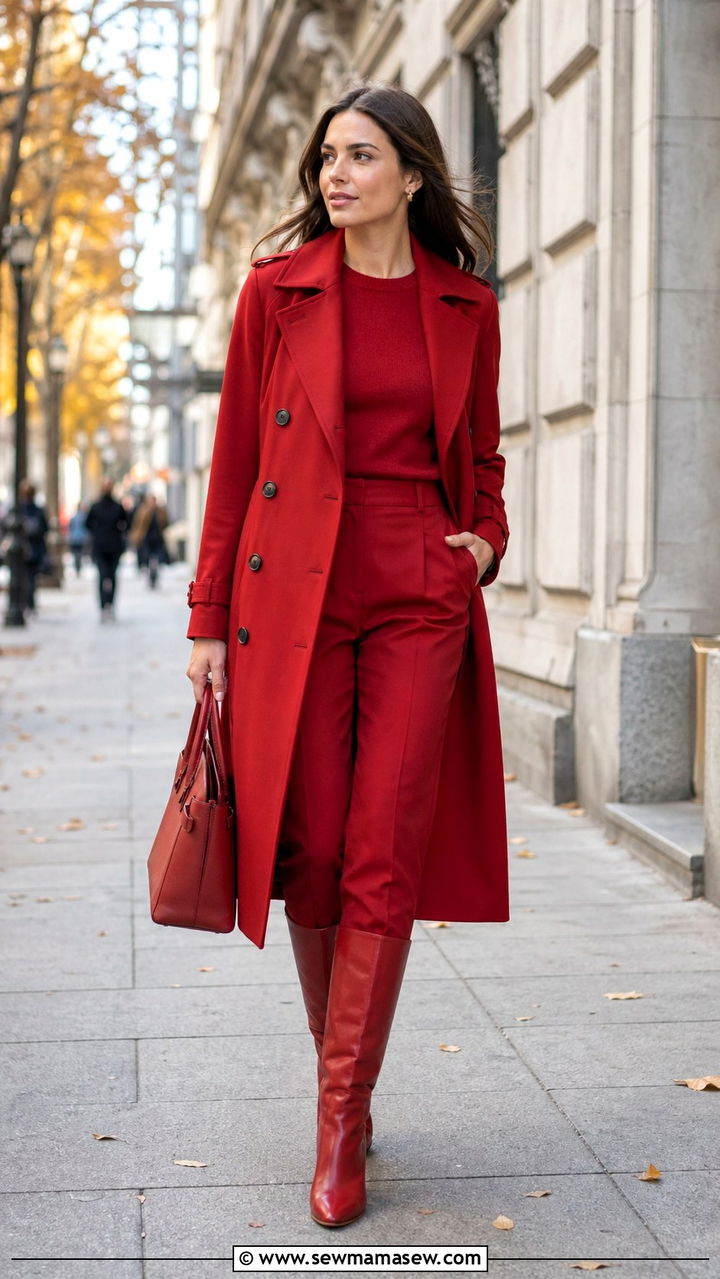 Red Trench Coat Over An All Red Base - 40 All red outfit ideas