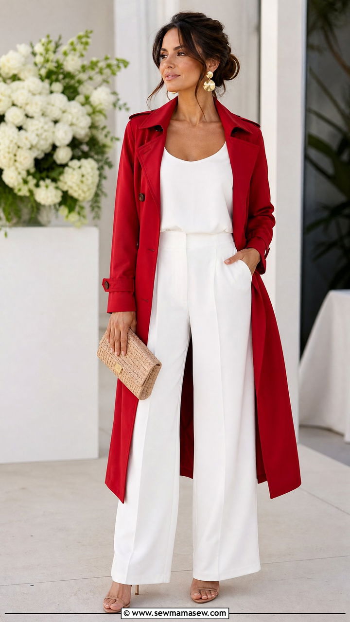 Red Trench Coat Over An All White Base Outfit - 35 How to style a trench coat