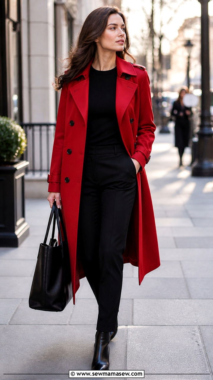 Red Trench Coat Over an All Black Work Outfit - 30 Red outfit ideas for work