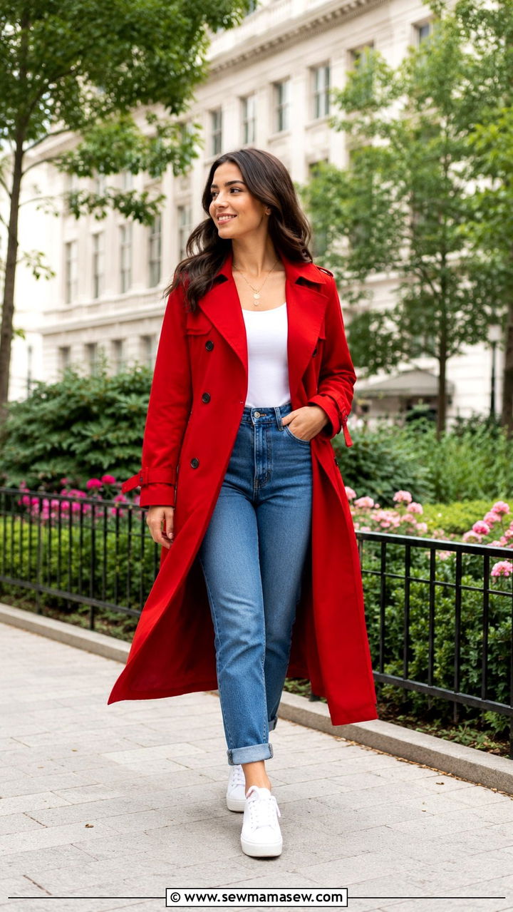 Red Trench Coat With Cuffed Jeans and White Kicks - 30 Long trench coat outfit ideas with jeans