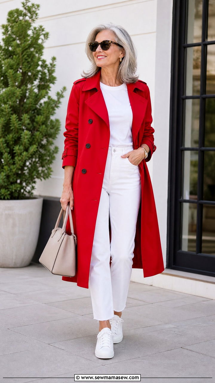 Red Trench Coat With White Jeans - 30 Modest outfits for women over 50