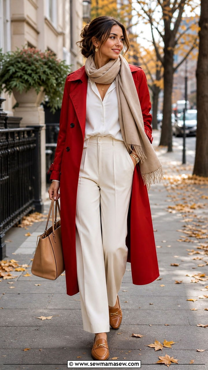 Red Trench Coat with Cream Trousers - 40 Red outfit ideas