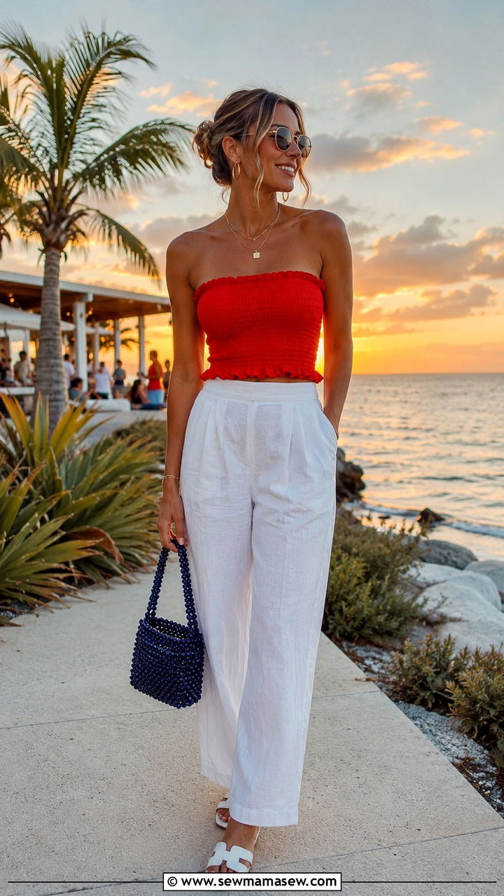 Red Tube Top With White Linen Trousers - 25 4th of July outfit ideas