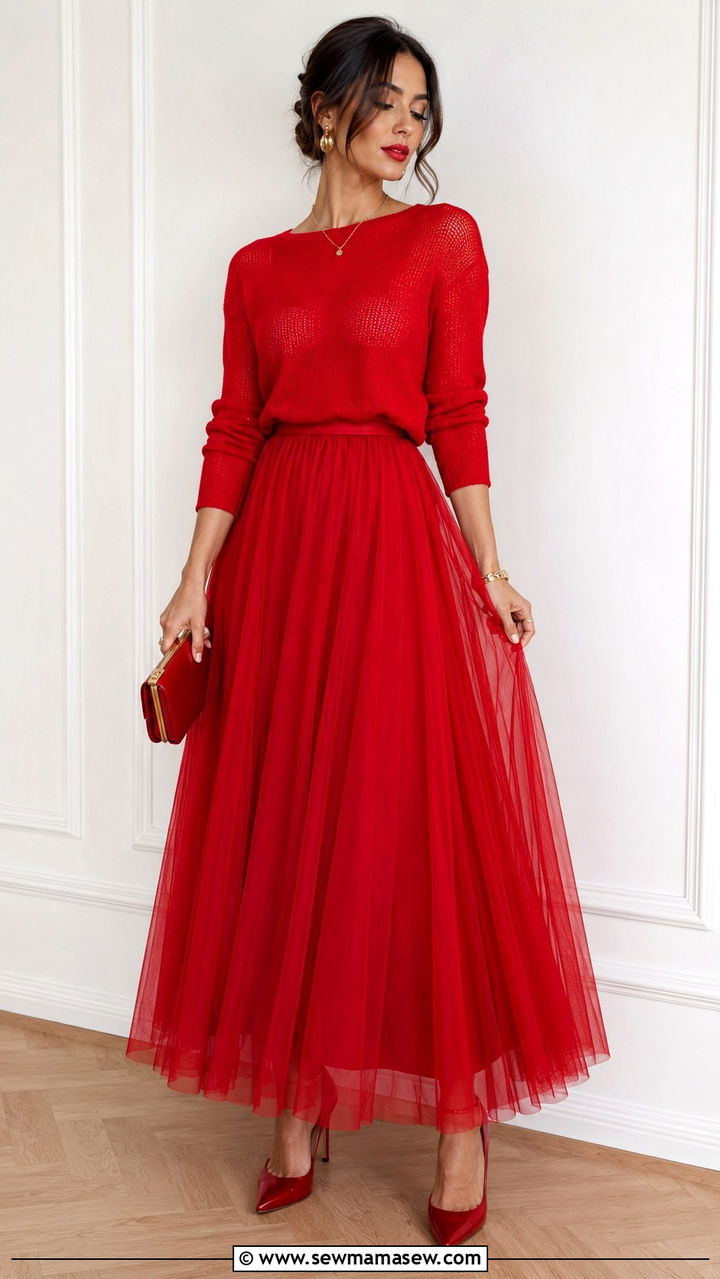 Red Tulle Maxi Skirt With Matching Knit Sweater And Heels - 30 Tulle skirt outfit ideas for summer