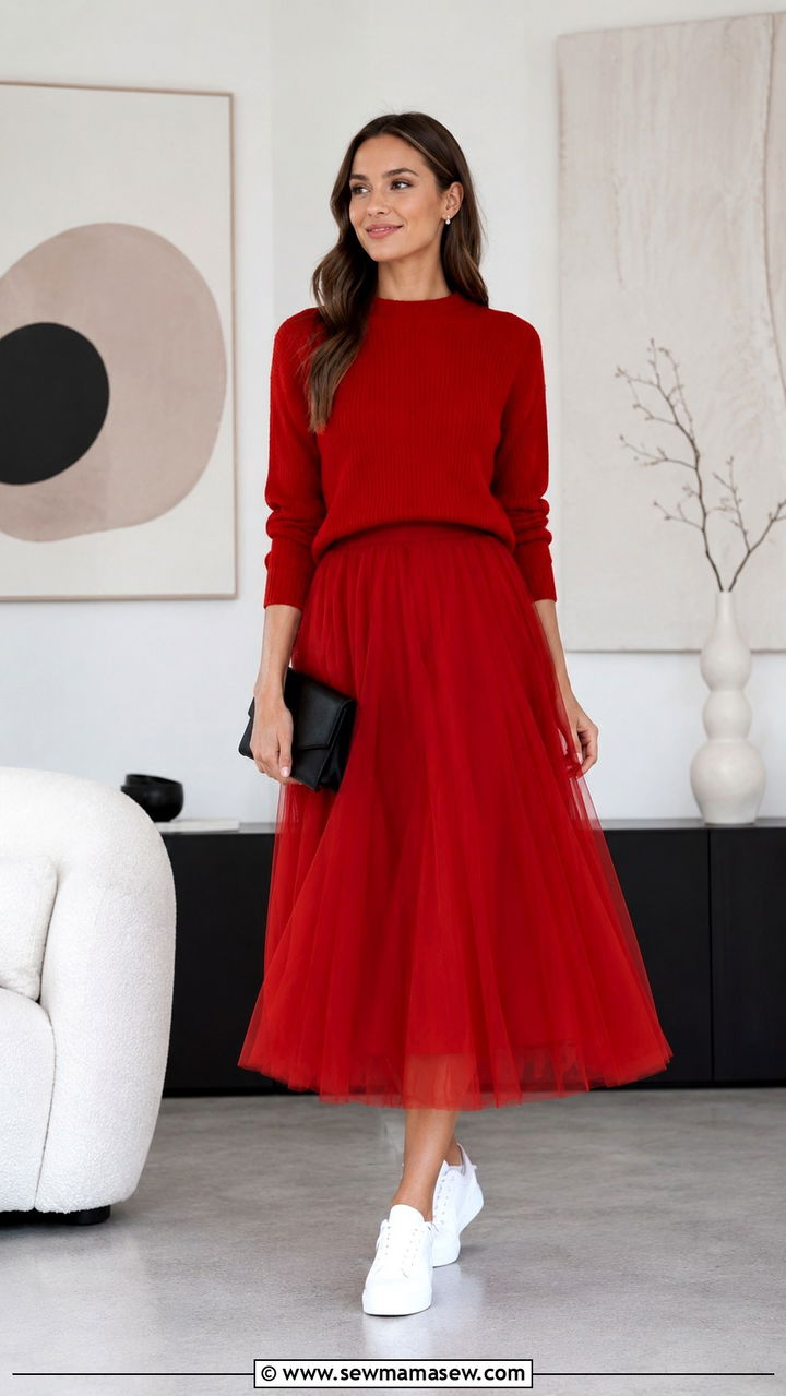 Red Tulle Skirt With Matching Sweater And White Sneakers - 25 Tulle skirt outfit ideas with sneakers