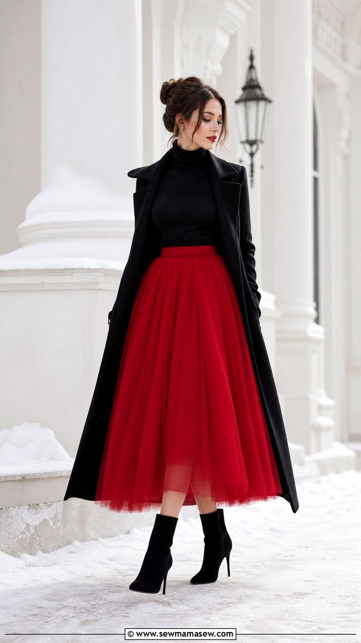 Red Tulle Skirt with Turtleneck and Heeled Ankle Boots - 25 Tulle skirt outfit ideas with boots