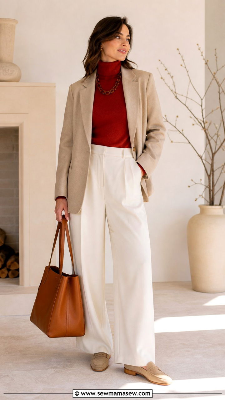 Red Turtleneck Layered Under a Beige Blazer - 40 Red outfit ideas
