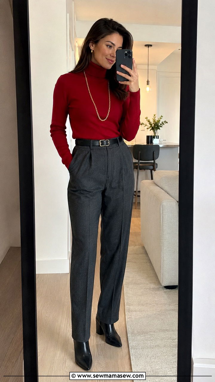 Red Turtleneck With Tailored Gray Trousers for Work - 30 Red outfit ideas for work