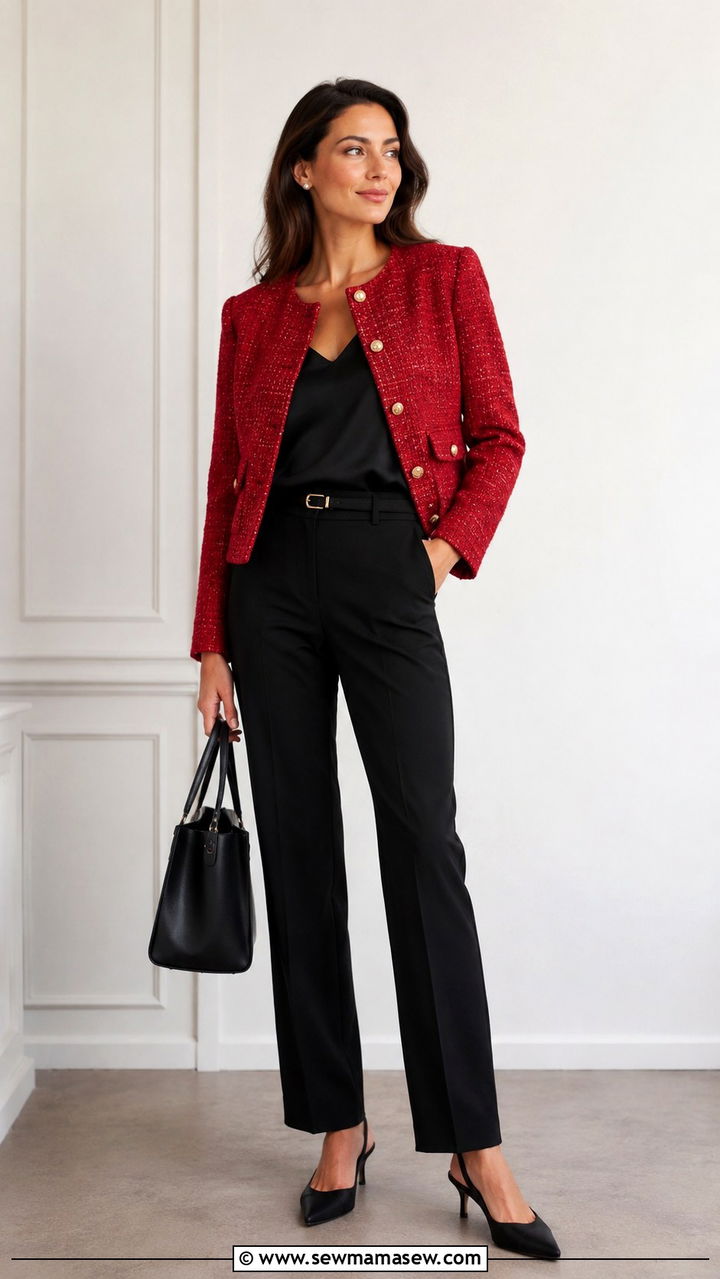 Red Tweed Jacket With Black Trousers for Work - 30 Red outfit ideas for work