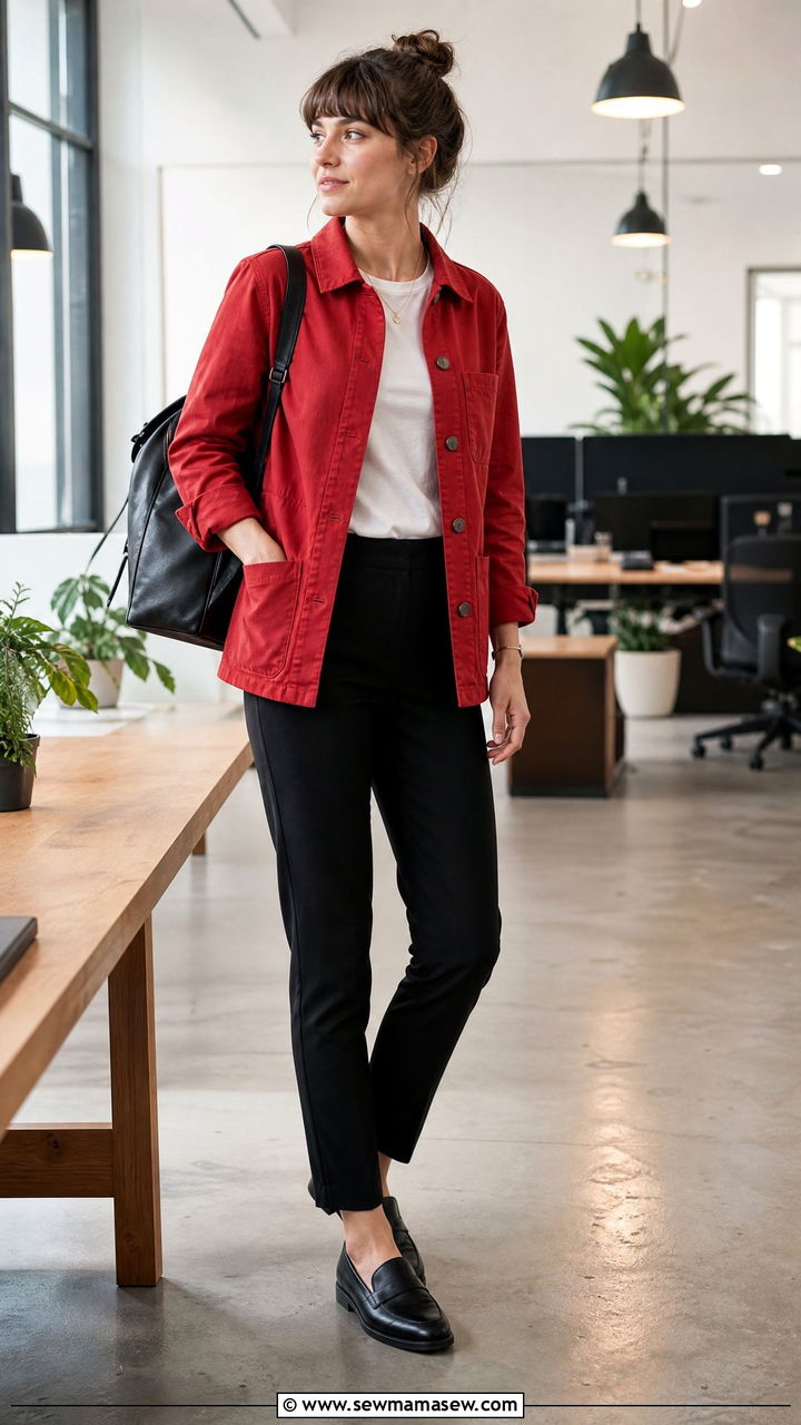 Red Utility Jacket With Black Trousers and a White Tee for Work - 30 Red outfit ideas for work