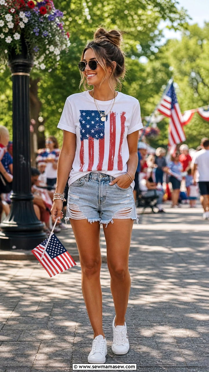 Red White and Blue Graphic Tee With Denim Shorts - 30 summer fourth of july outfit ideas