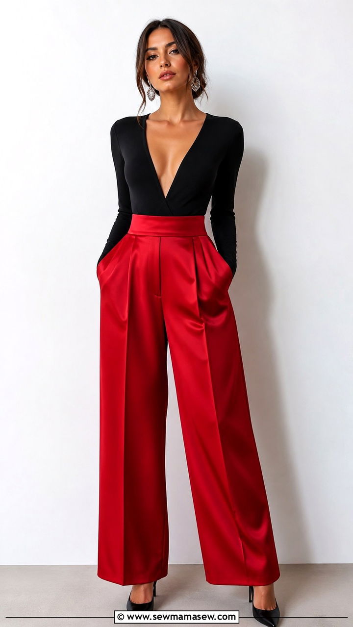 Red Wide Leg Pants with Black Bodysuit - 40 Red outfit ideas