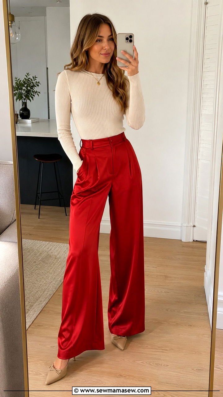 Red Wide Leg Pants with a Fitted Knit Top - 30 Lunar new year outfit ideas