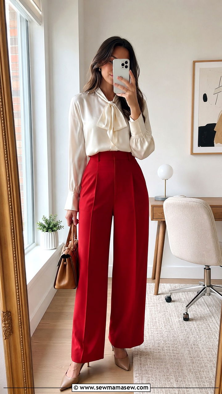 Red Wide Leg Trousers With Cream Blouse for Work - 30 Red outfit ideas for work