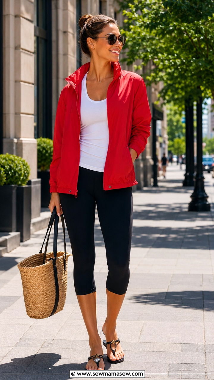 Red Windbreaker With Black Capri Pants And Sandals - 25 windbreaker outfits 2026