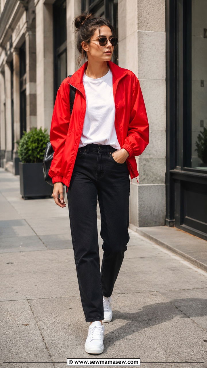 Red Windbreaker With Black Straight Leg Jeans Outfit - 25 windbreaker outfits aesthetic
