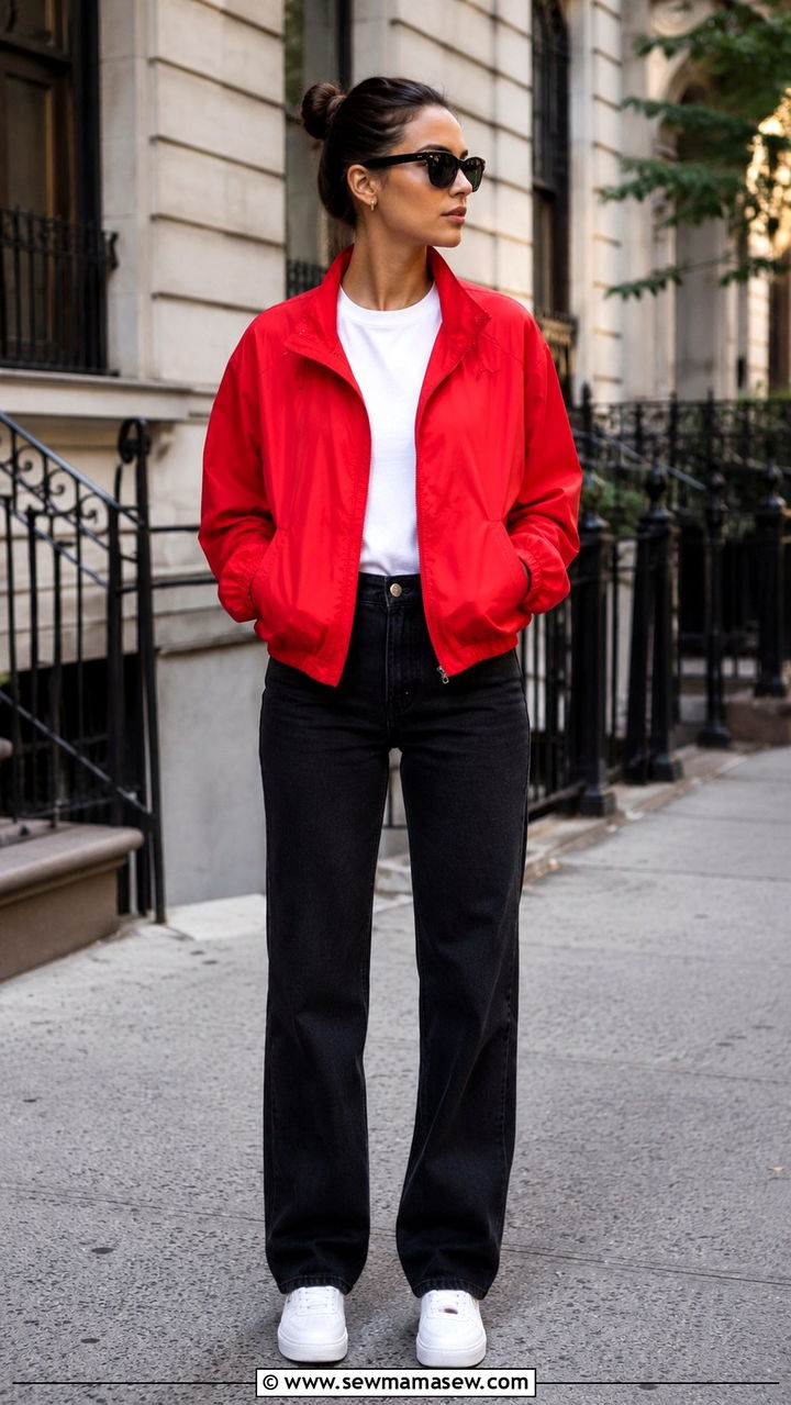 Red Windbreaker With Straight Leg Jeans Outfit - 25 windbreaker outfits 2026